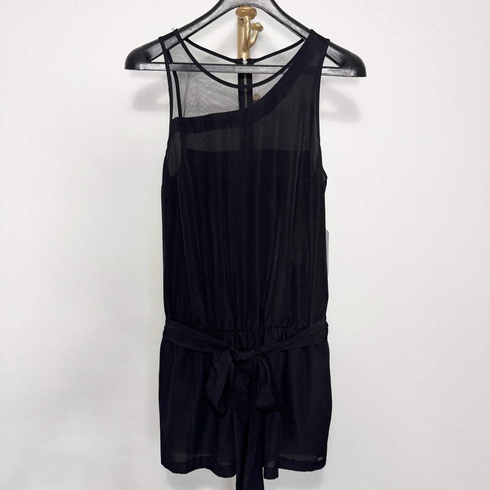 Guess Sheer Mesh Chiffon Asymmetrical Sleeveless Tie Waist Wide Leg Romper, M